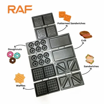 RAF 5 in 1 Sandwich Maker, Waffle Maker, Panini Grill, Doughnut, Patterned Sandwich R.555